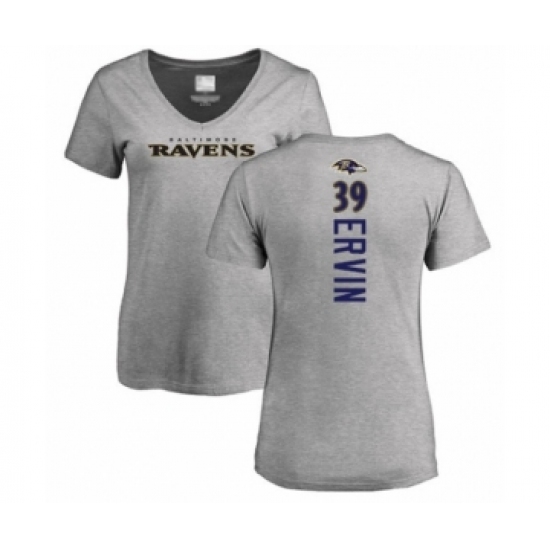 Football Women's Baltimore Ravens #39 Tyler Ervin Ash Backer V-Neck T-Shirt - Jersey