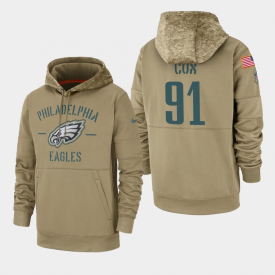 Men's Philadelphia Eagles #91 Fletcher Cox 2019 Salute to Service Sideline Therma Pullover Hoodie - Tan - Jersey