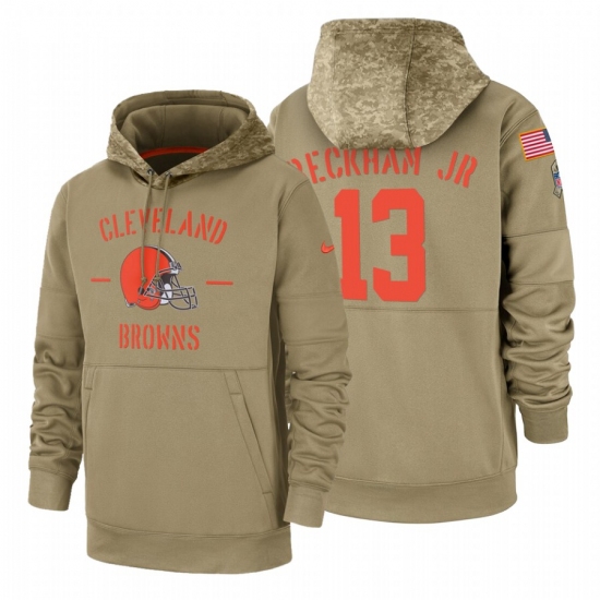 Men's Cleveland Browns #13 Odell Beckham Jr #13 2019 Salute to Service Tan Sideline Therma Pullover Hoodie - Jersey