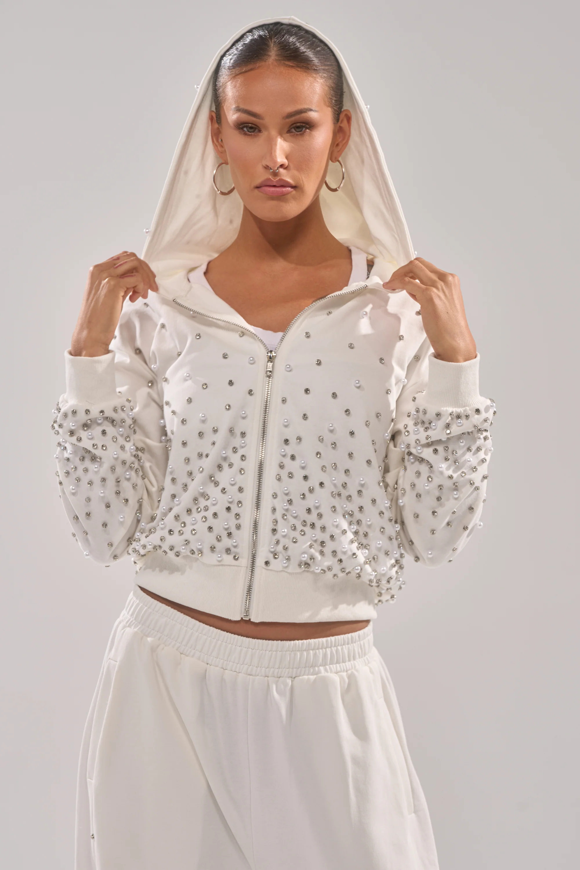 ALL IN WHITE RHINESTONE ZIP UP SWEATSHIRT - Akira Wear