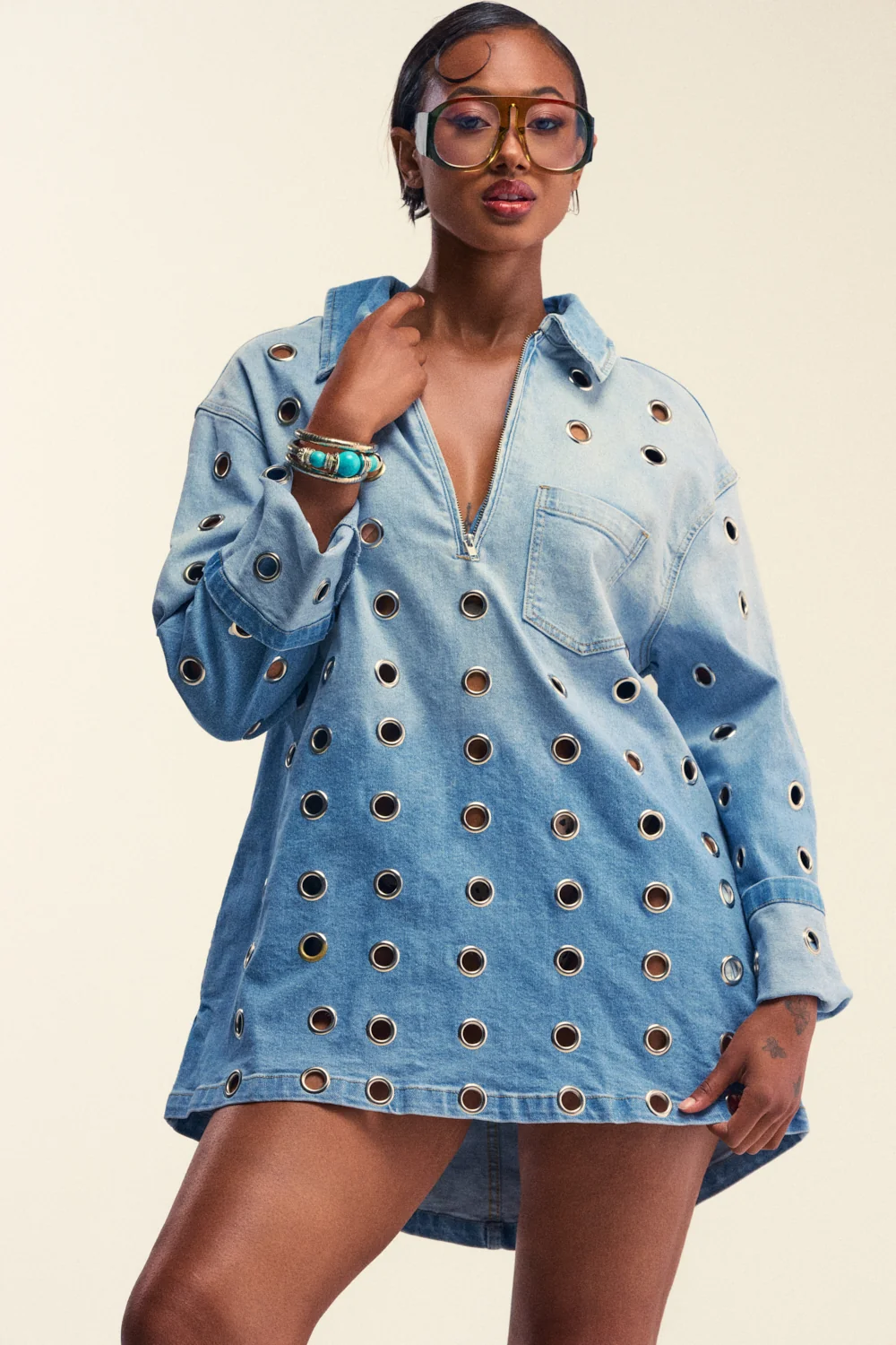 COOL GIRL OVERSIZED GROMMET SHIRT DRESS IN DENIM - Akira Wear