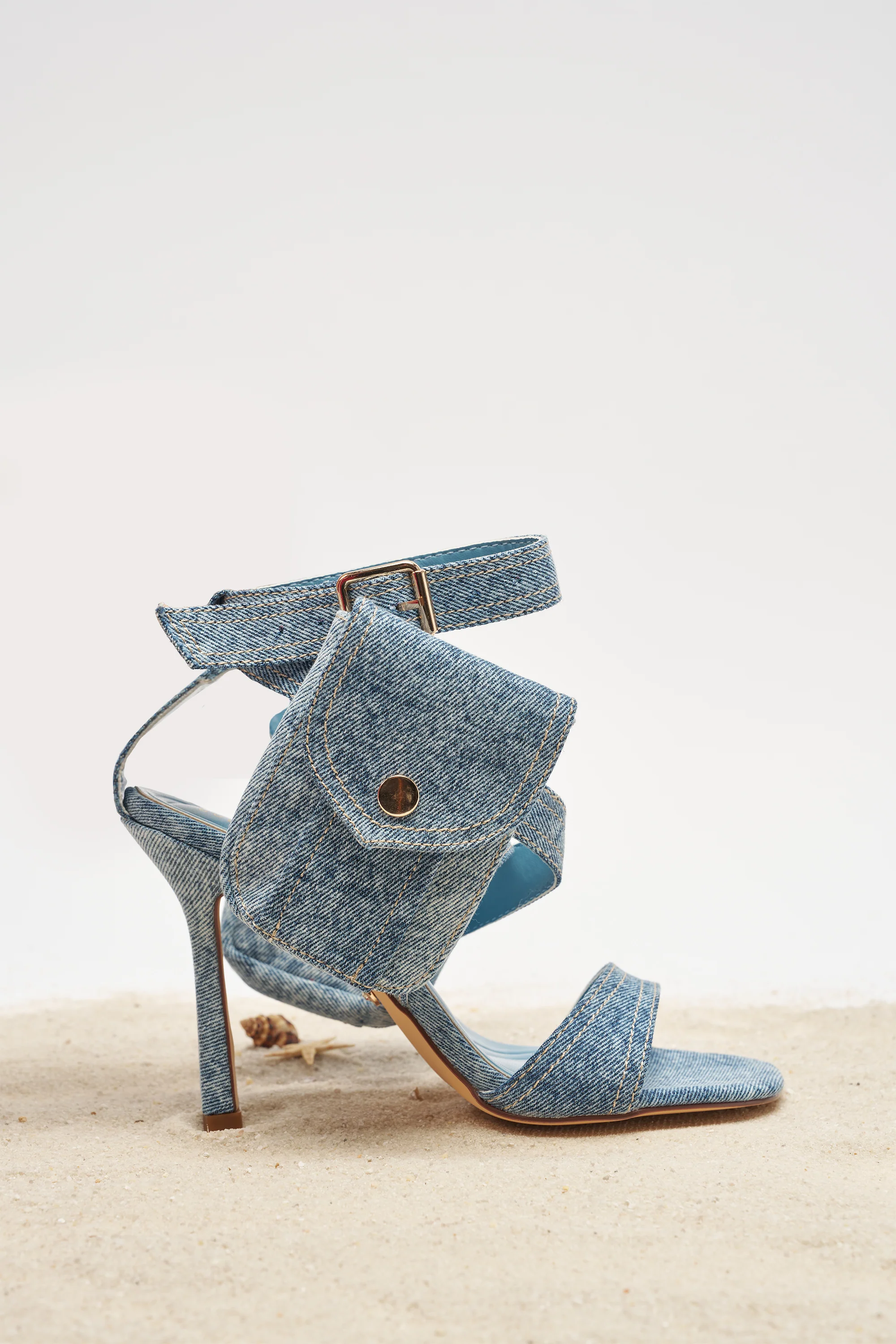 AKIRA GOLD KERSHAW DENIM POCKET STILETTO STRAP SANDAL - Akira Wear