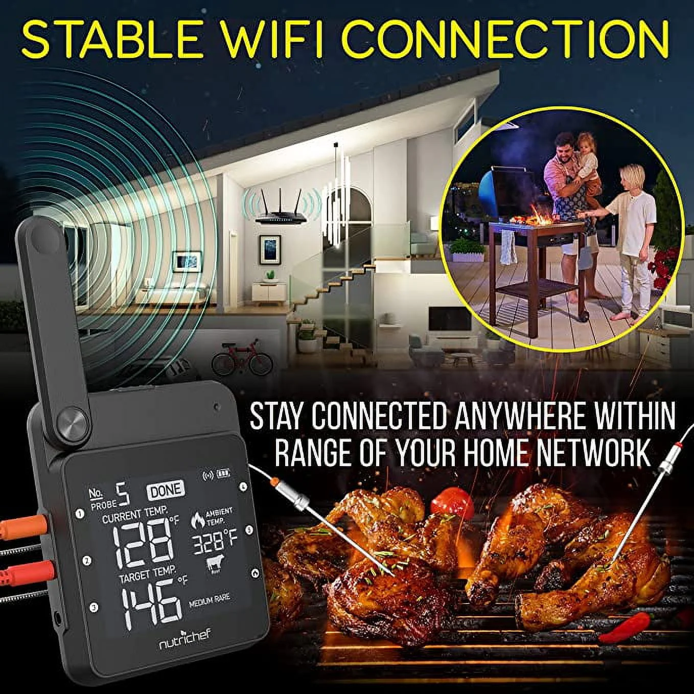 NutriChef Wi-Fi Grill Meat Thermometer Wireless Dual Smart Probes, Alarm Indoor from Outdoor, Black
