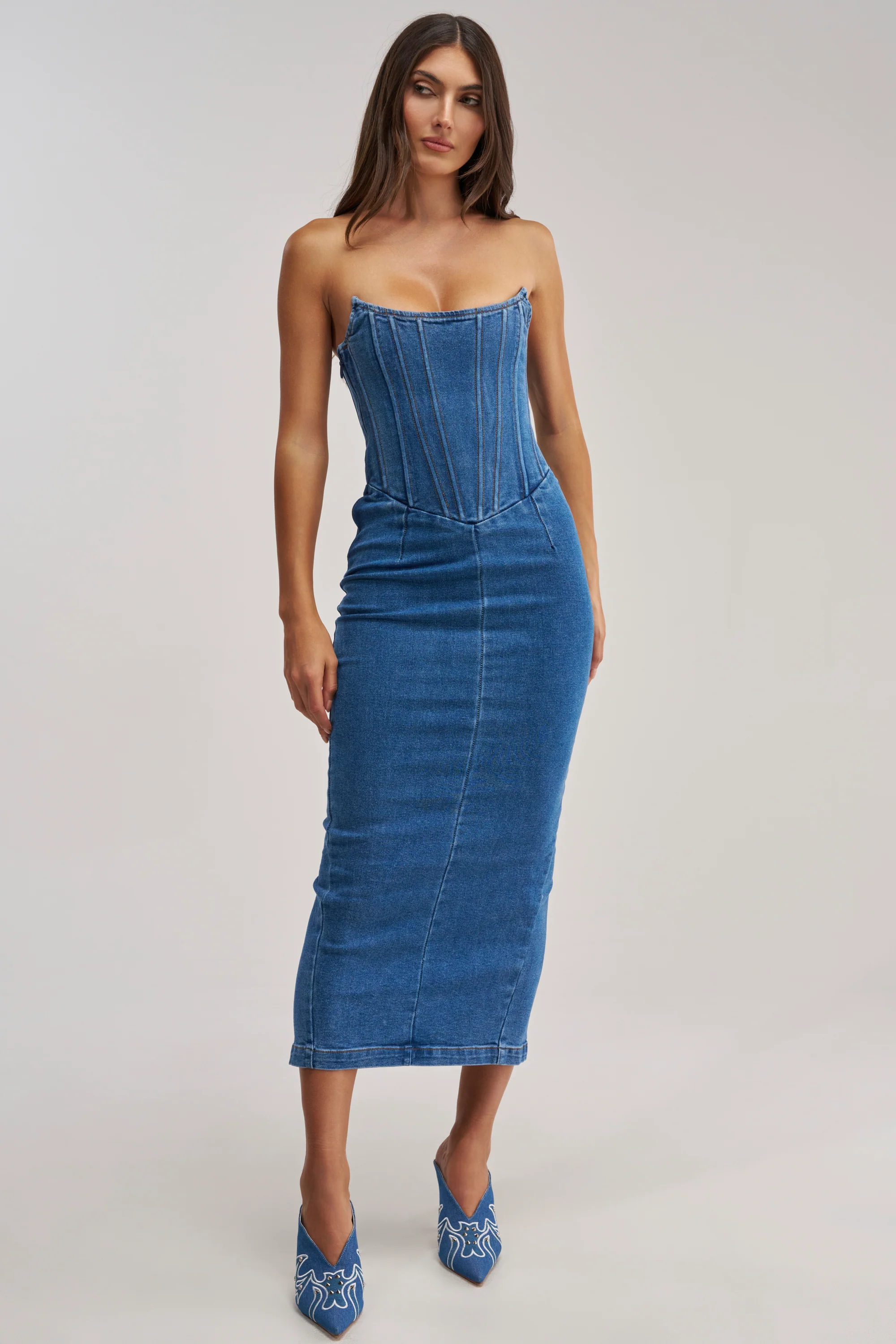 DAYDREAM IN DENIM STRAPLESS MAXI DRESS - Akira Wear