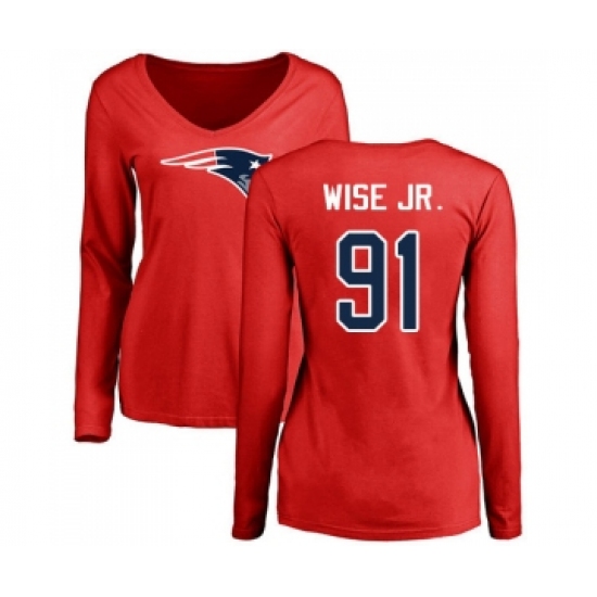 Football Women's New England Patriots #91 Deatrich Wise Jr Red Name & Number Logo Slim Fit Long Sleeve T-Shirt - Jersey