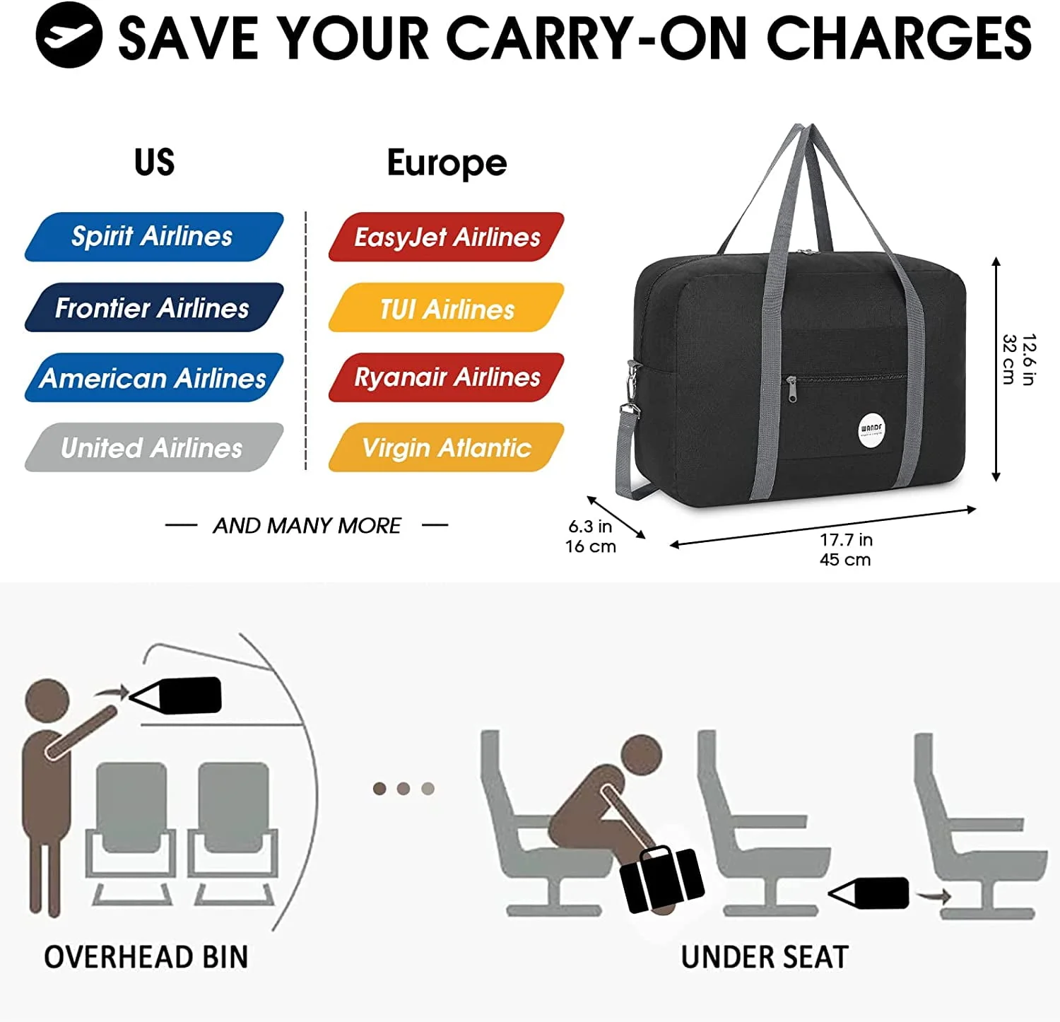 For Spirit Airlines Personal Item Bag 18x14x8 Travel Duffel Bag Underseat Foldable Carry-on Luggage for Women,Black with Shoulder Strap