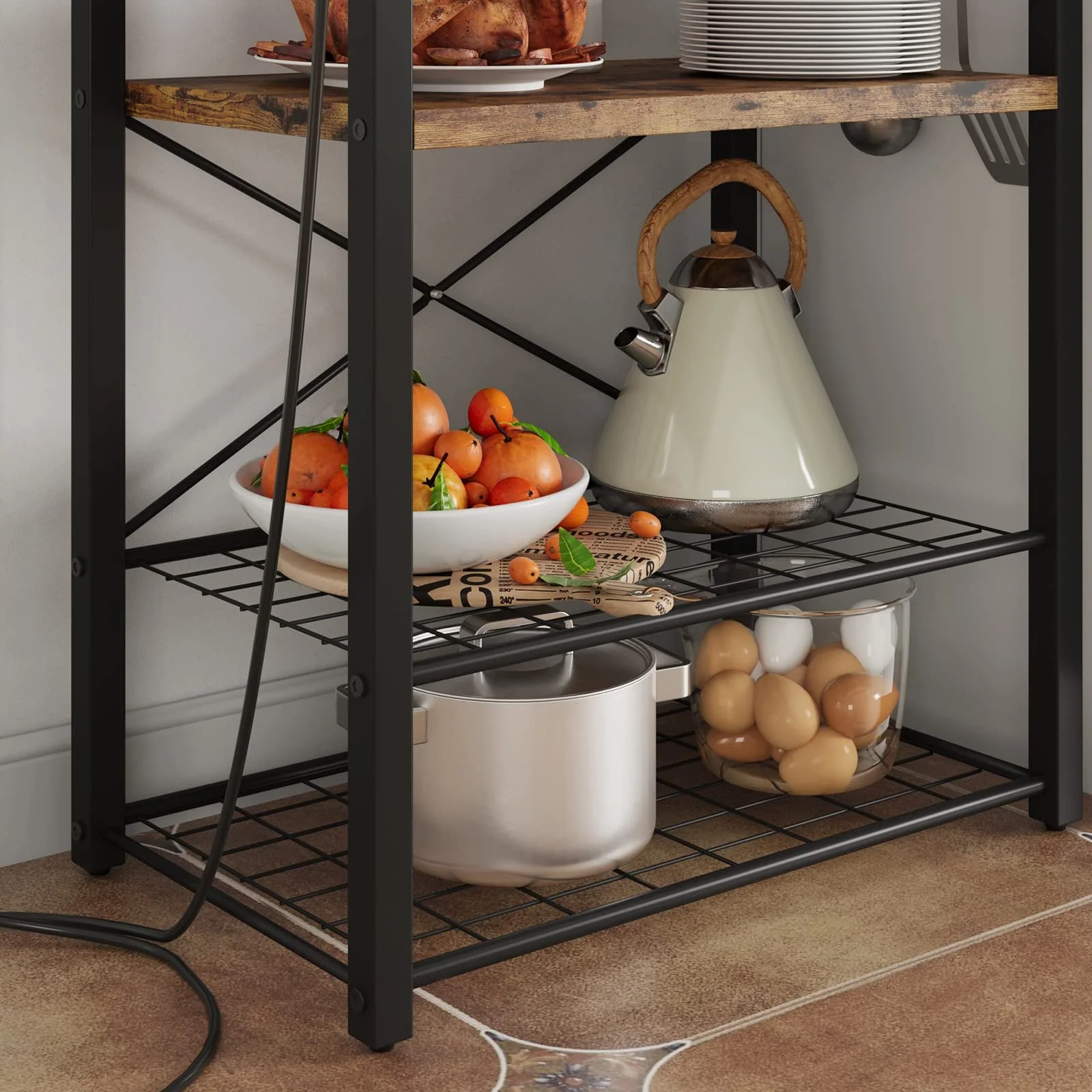 Oyang Bakers Rack with Power Outlet, Industrial Microwave Stand with Metal Wire Panel, Kitchen Storage Rack with 8 Hooks