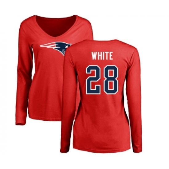Football Women's New England Patriots #28 James White Red Name & Number Logo Slim Fit Long Sleeve T-Shirt - Jersey