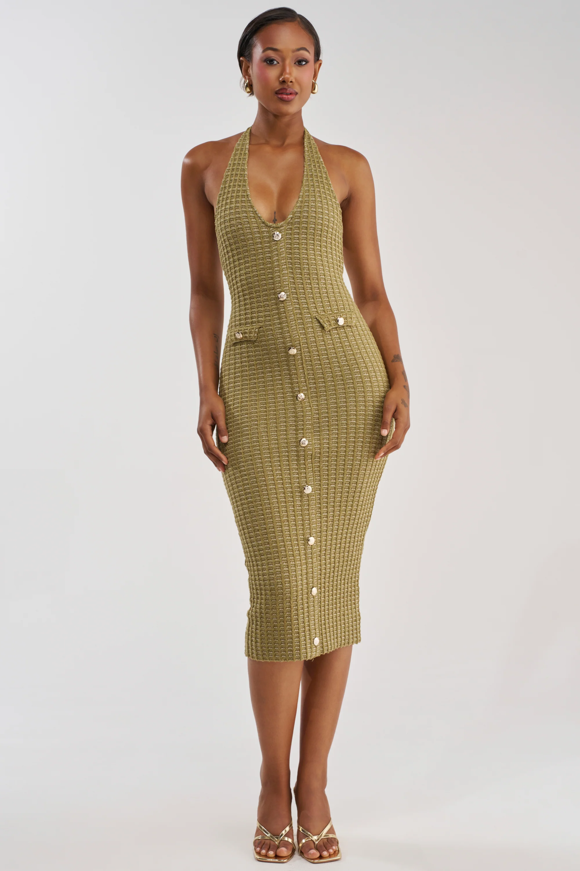BUTTONED DOWN BADDIE MIDI DRESS IN OLIVE - Akira Wear