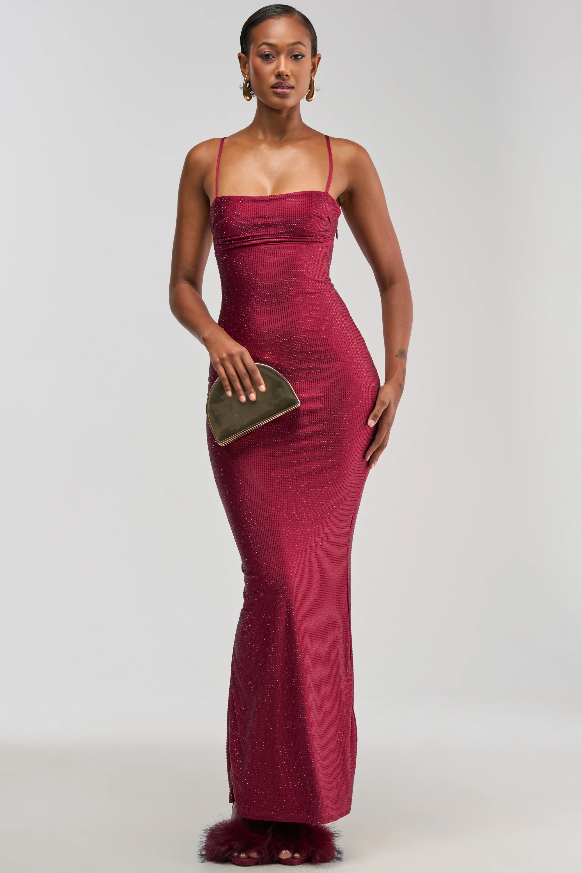 SOCIAL ROYALTY RHINESTONE MAXI DRESS IN BURGUNDY - Akira Wear