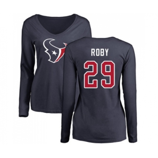 Football Women's Houston Texans #29 Bradley Roby Navy Blue Name & Number Logo Long Sleeve T-Shirt - Jersey