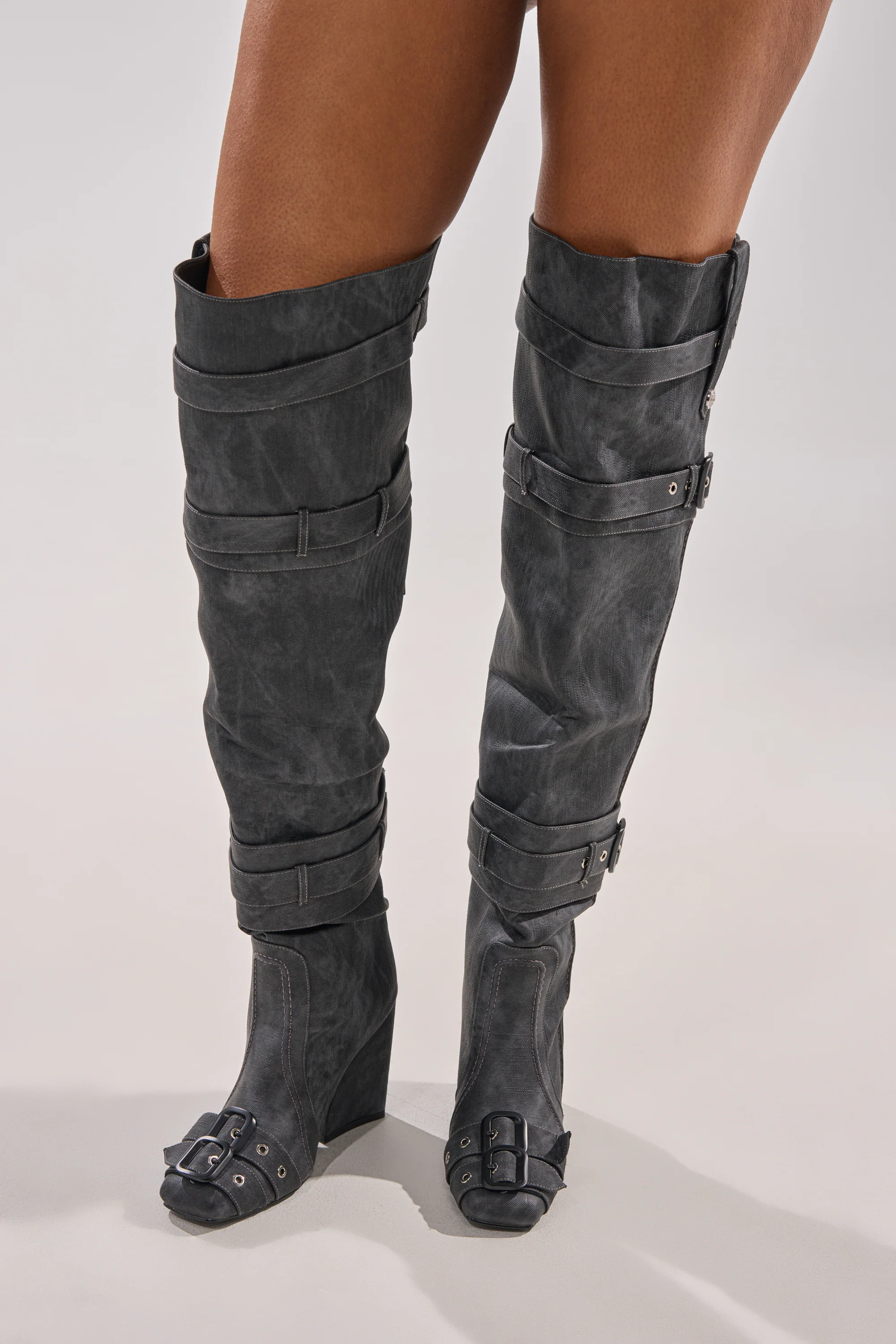 AZALEA WANG TRILLION CHARCOAL CHUNKY THIGH HIGH BOOT - Akira Wear
