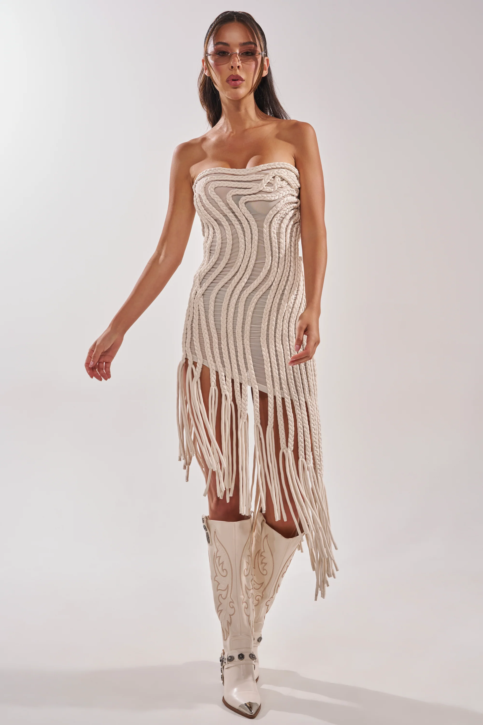 ALL OVER THE PLACE BRAIDED MIDI DRESS IN IVORY - Akira Wear