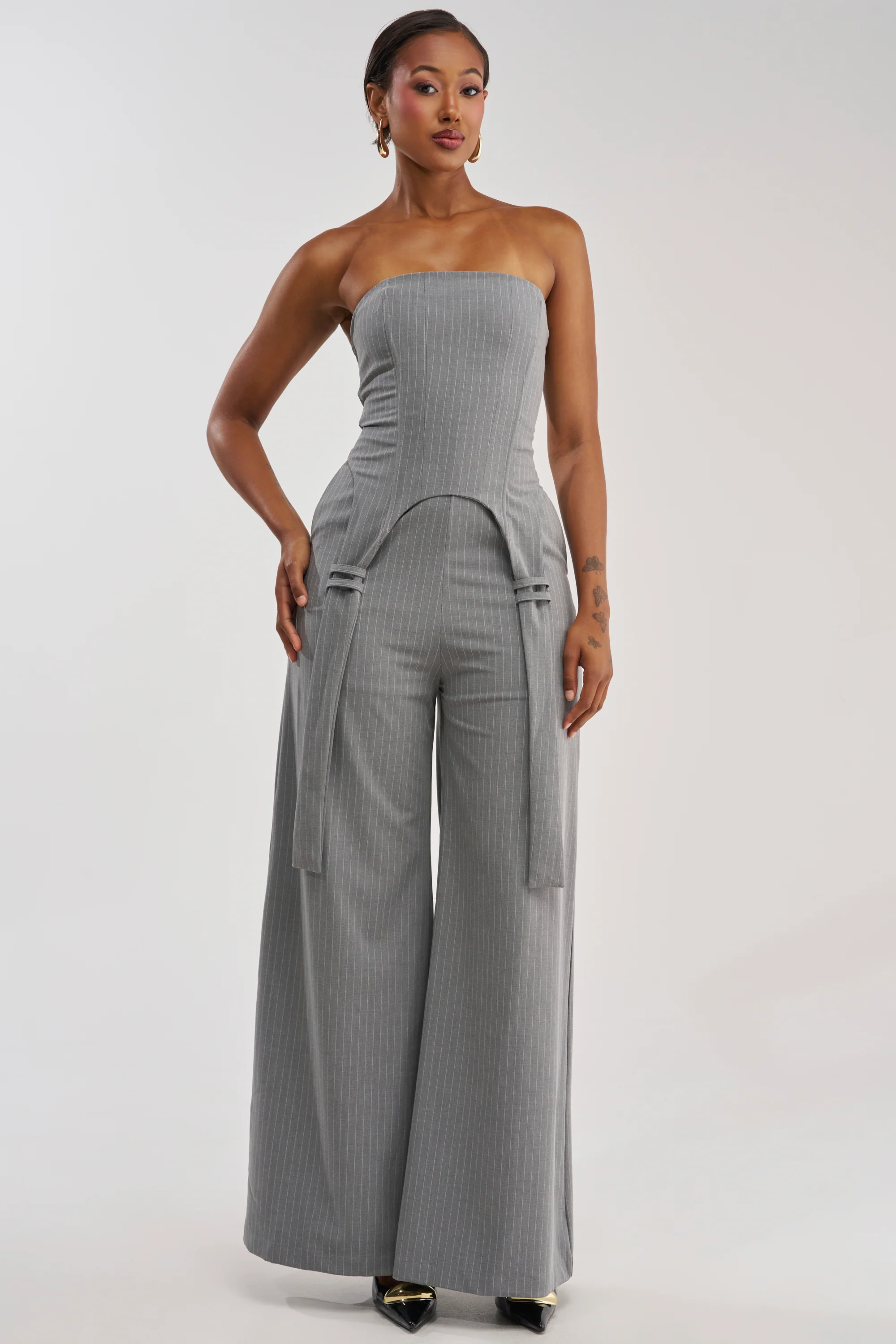 WATCH AND LEARN STRAPLESS PINSTRIPE JUMPSUIT - Akira Wear