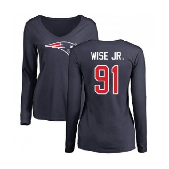 Football Women's New England Patriots #91 Deatrich Wise Jr Navy Blue Name & Number Logo Slim Fit Long Sleeve T-Shirt - Jersey