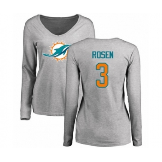 Football Women's Miami Dolphins #3 Josh Rosen Ash Name & Number Logo Long Sleeve T-Shirt - Jersey