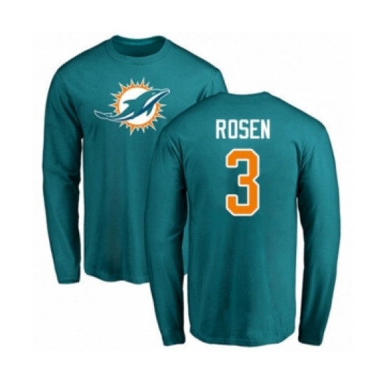 Football Miami Dolphins #3 Josh Rosen Aqua Green Name & Number Logo Long Sleeve T-Shirt - Jersey