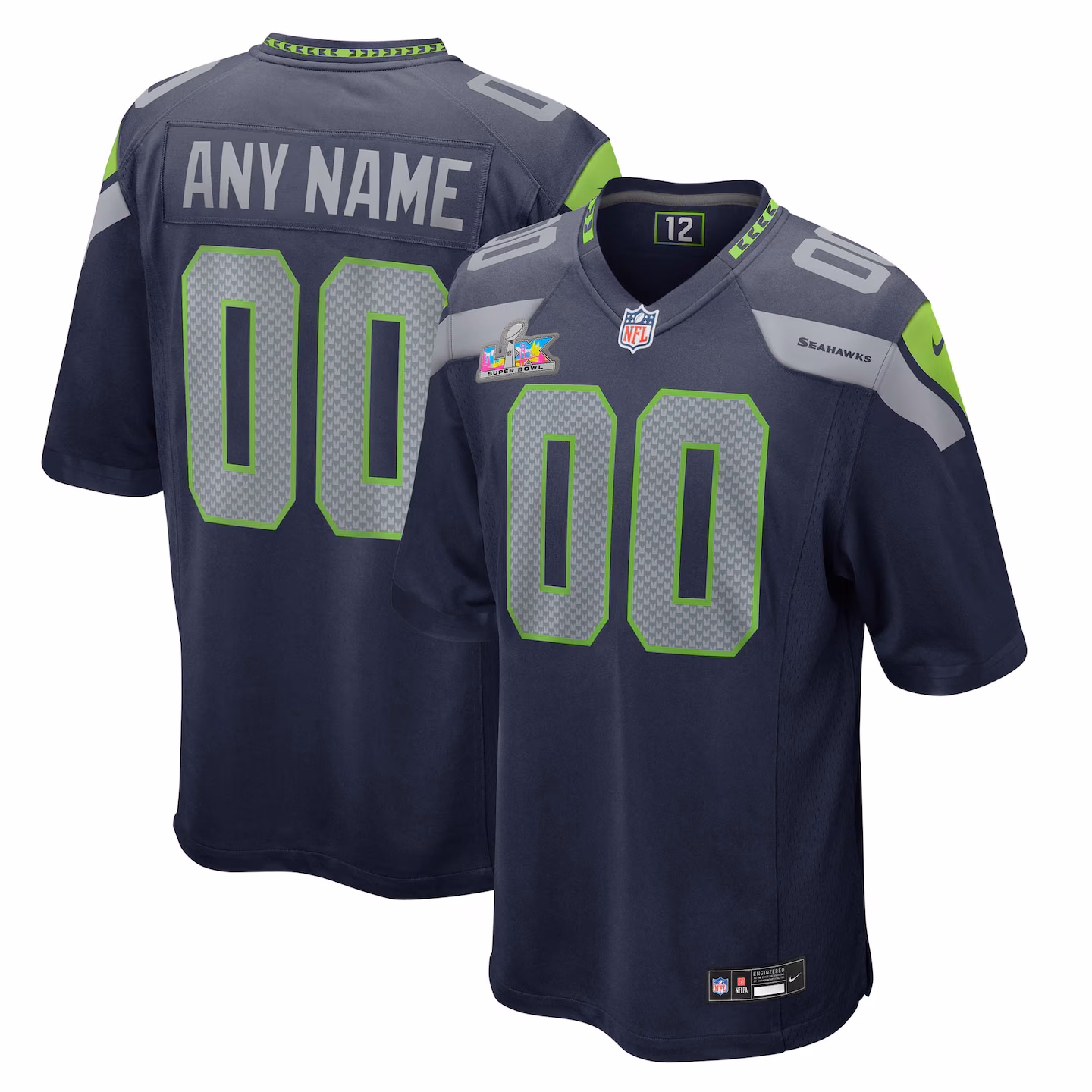 Men's Seattle Seahawks Nike College Navy Super Bowl LX Patch Custom Game Jersey - Jersey