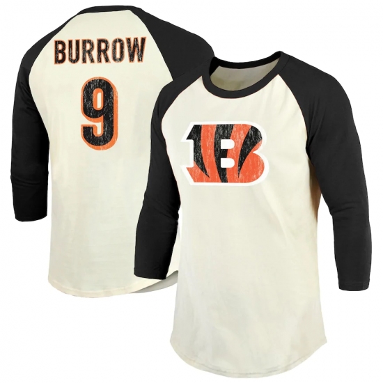 Men's Cincinnati Bengals #9 Joe Burrow Majestic Threads Cream Black Vintage Inspired 3 4 Sleeve Name & Number T-Shirt.webp - Jersey