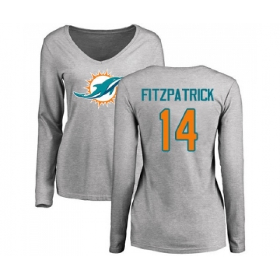 Football Women's Miami Dolphins #14 Ryan Fitzpatrick Ash Name & Number Logo Long Sleeve T-Shirt - Jersey