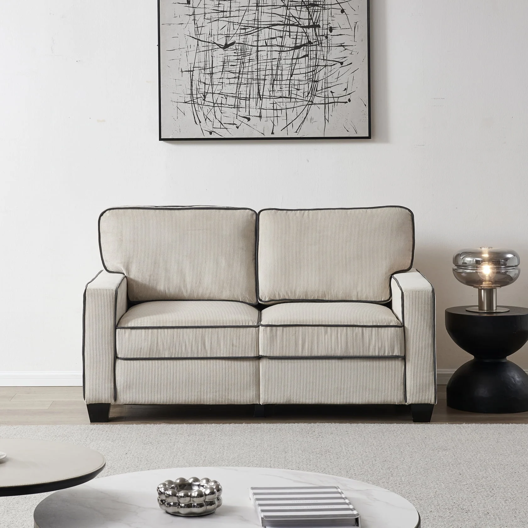 Small Couches, 57 inch Corduroy Loveseat Sofa, 2 Seater Couch with Storage for Small Space, Soft Love Seats Couch with Solid Wood Legs, Modern Sofa for Bedroom, Living Room, Apartment, Beige