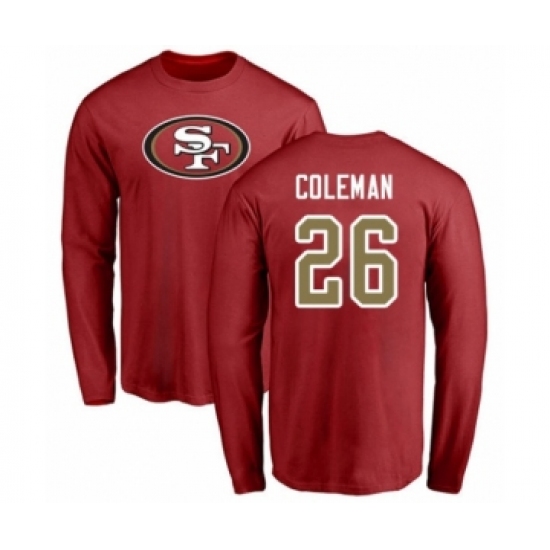Football San Francisco 49ers #26 Tevin Coleman Red Name & Number Logo Long Sleeve T-Shirt - Jersey