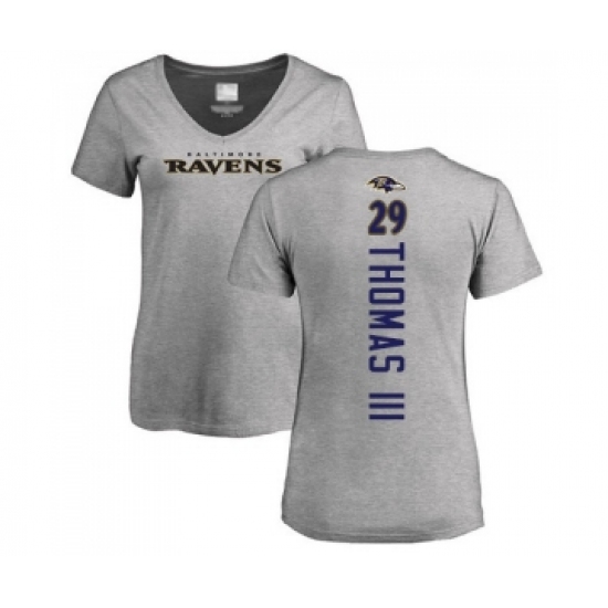 Football Women's Baltimore Ravens #29 Earl Thomas III Ash Backer V-Neck T-Shirt - Jersey