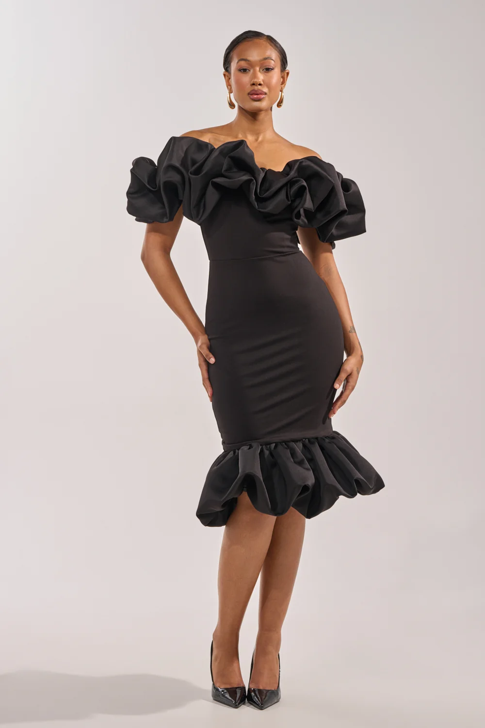 COCKTAIL HOUR PUFF SLEEVE MIDI DRESS - Akira Wear