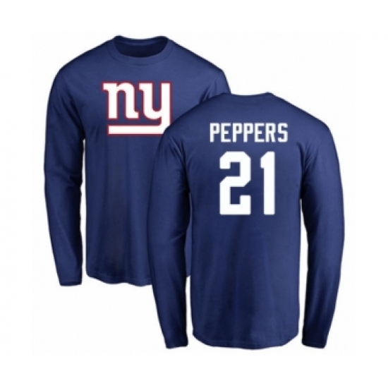 Football New York Giants #21 Jabrill Peppers Royal Blue Name & Number Logo Long Sleeve T-Shirt - Jersey