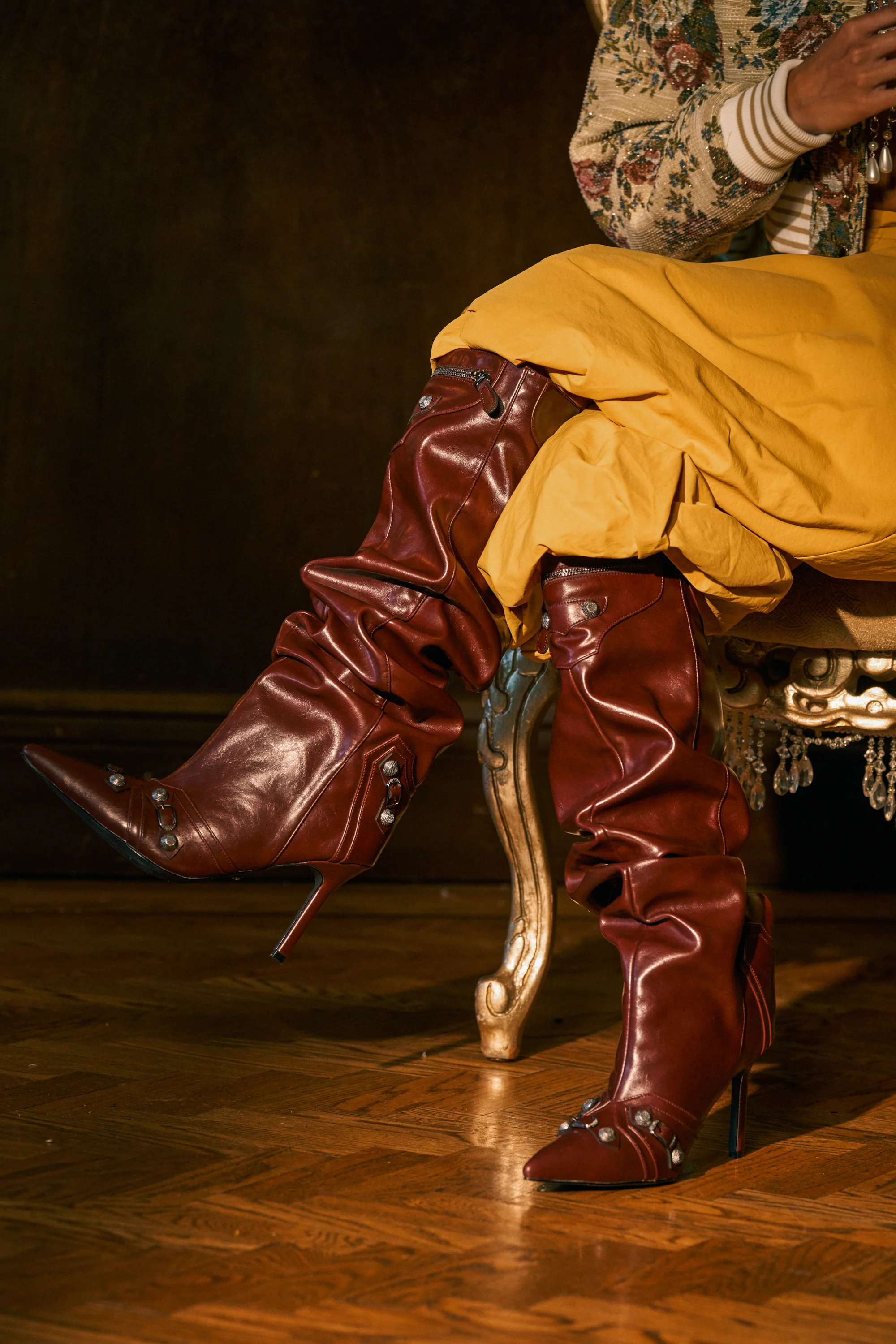 AZALEA WANG TESARA BURGUNDY RUCHED STILETTO BOOT WITH HARDWARE - Akira Wear