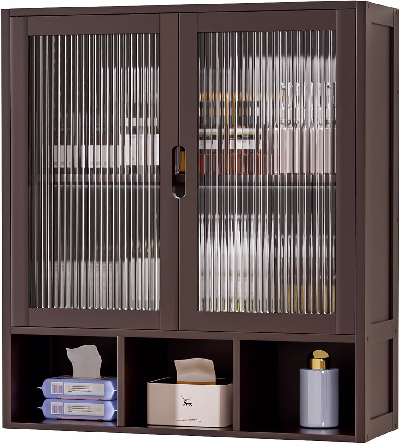 Bathroom Wall Cabinet with 2 Frosted Door,Bamboo Medicine Organizer with Open Compartment,Over The Toilet Storage Shelf Space Saver (Brown)