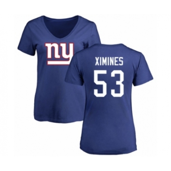 Football Women's New York Giants #53 Oshane Ximines Royal Blue Name & Number Logo T-Shirt - Jersey