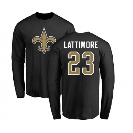 Football New Orleans Saints #23 Marshon Lattimore Black Name & Number Logo Long Sleeve T-Shirt - Jersey