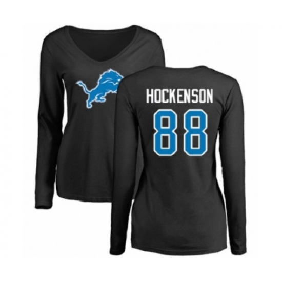 Football Women's Detroit Lions #88 T.J. Hockenson Black Name & Number Logo Long Sleeve T-Shirt - Jersey