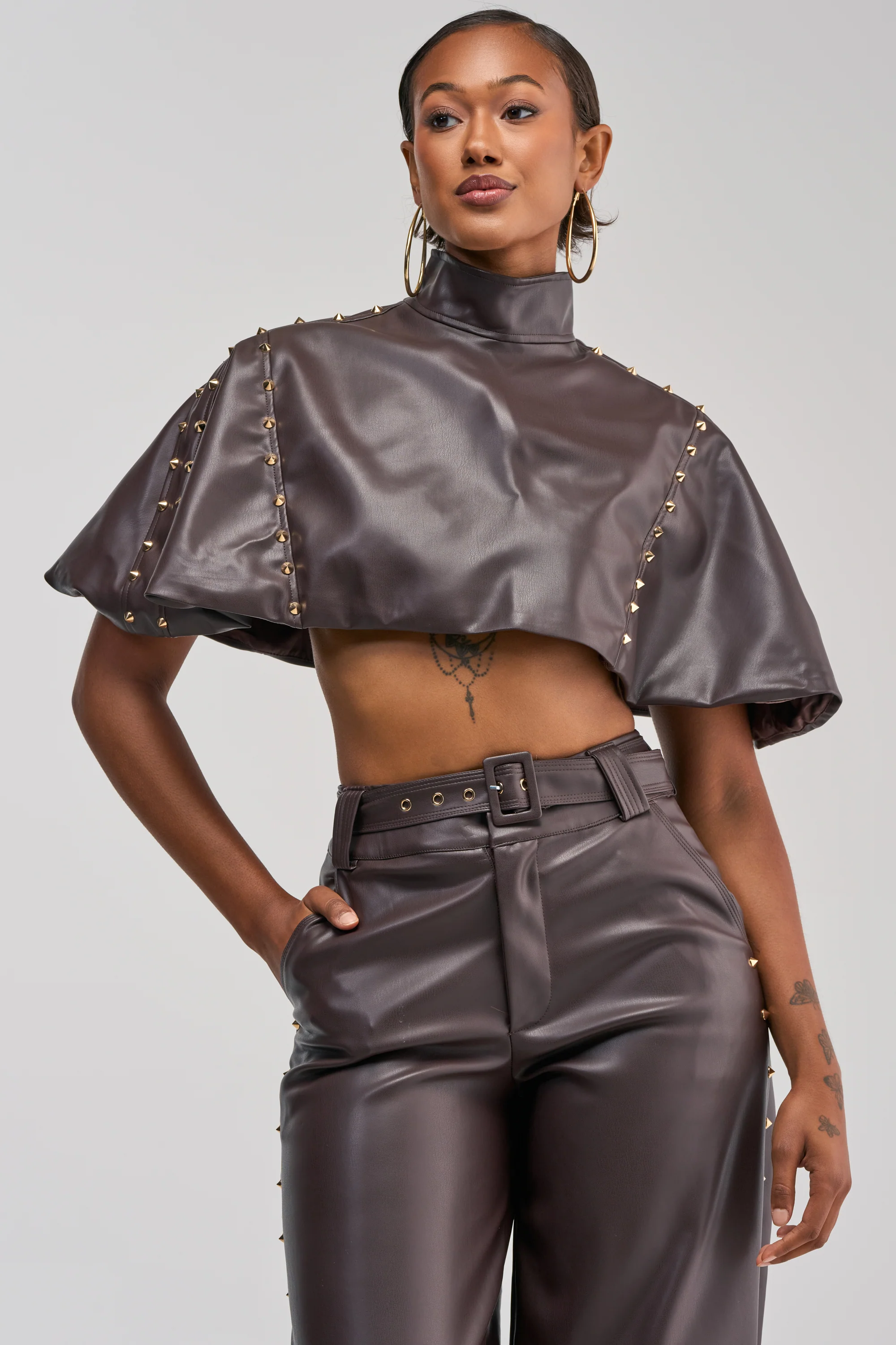 STUDDED FAUX LEATHER CAPE IN DARK CHOCOLATE - Akira Wear