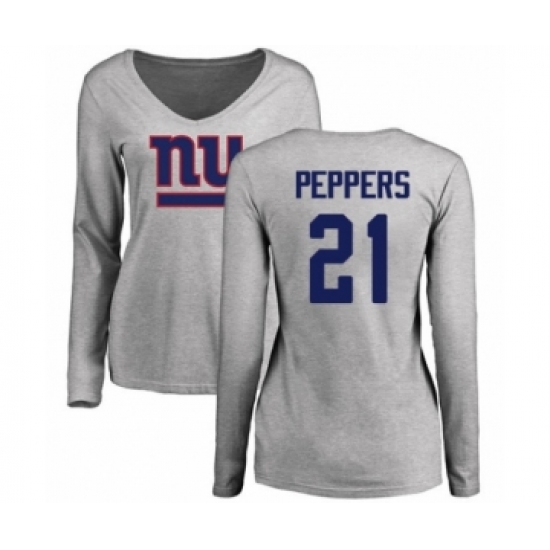 Football Women's New York Giants #21 Jabrill Peppers Ash Name & Number Logo Long Sleeve T-Shirt - Jersey
