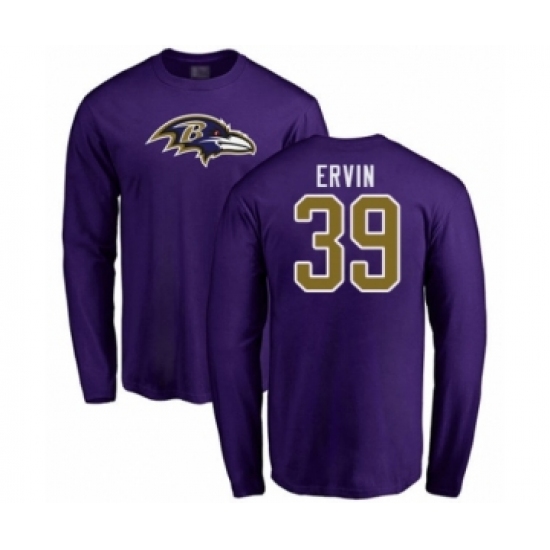 Football Baltimore Ravens #39 Tyler Ervin Purple Name & Number Logo Long Sleeve T-Shirt - Jersey