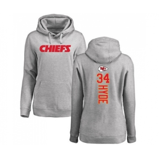 Football Women's Kansas City Chiefs #34 Carlos Hyde Ash Backer Pullover Hoodie - Jersey