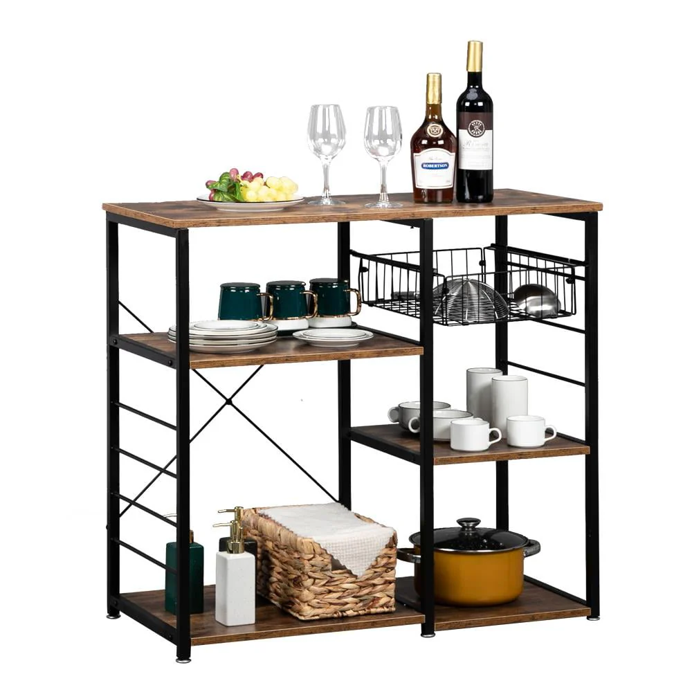 UBesGoo Bakers Rack, Kitchen Utility Storage Shelf, Microwave Oven Stand Table, Microwave Cart, Coffee Bar Table, Multi-purpose Workstation,  Kitchen Organizer with Drain Basket&10 Hooks, Rustic Brown
