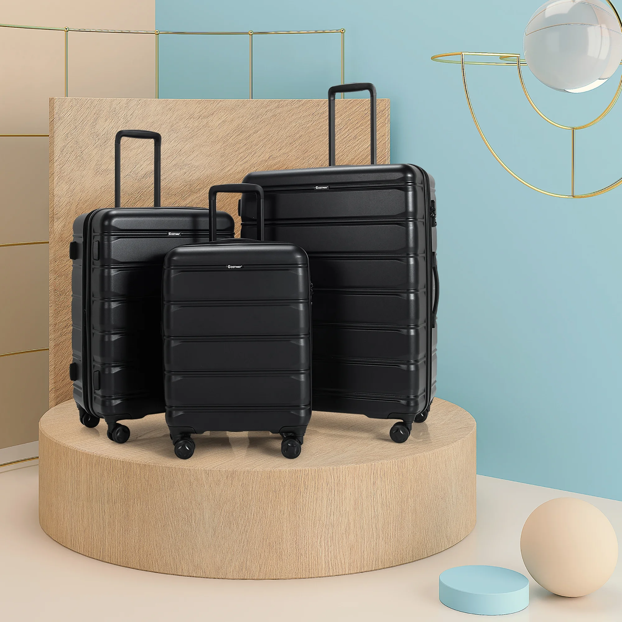 Costway 3 Piece Hardshell Luggage Set Ex pandable Suitcase w/ TSA Lock & Spinner Wheels