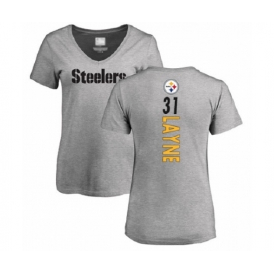 Women's Pittsburgh Steelers #31 Justin Layne Ash Backer V-Neck T-Shirt - Jersey