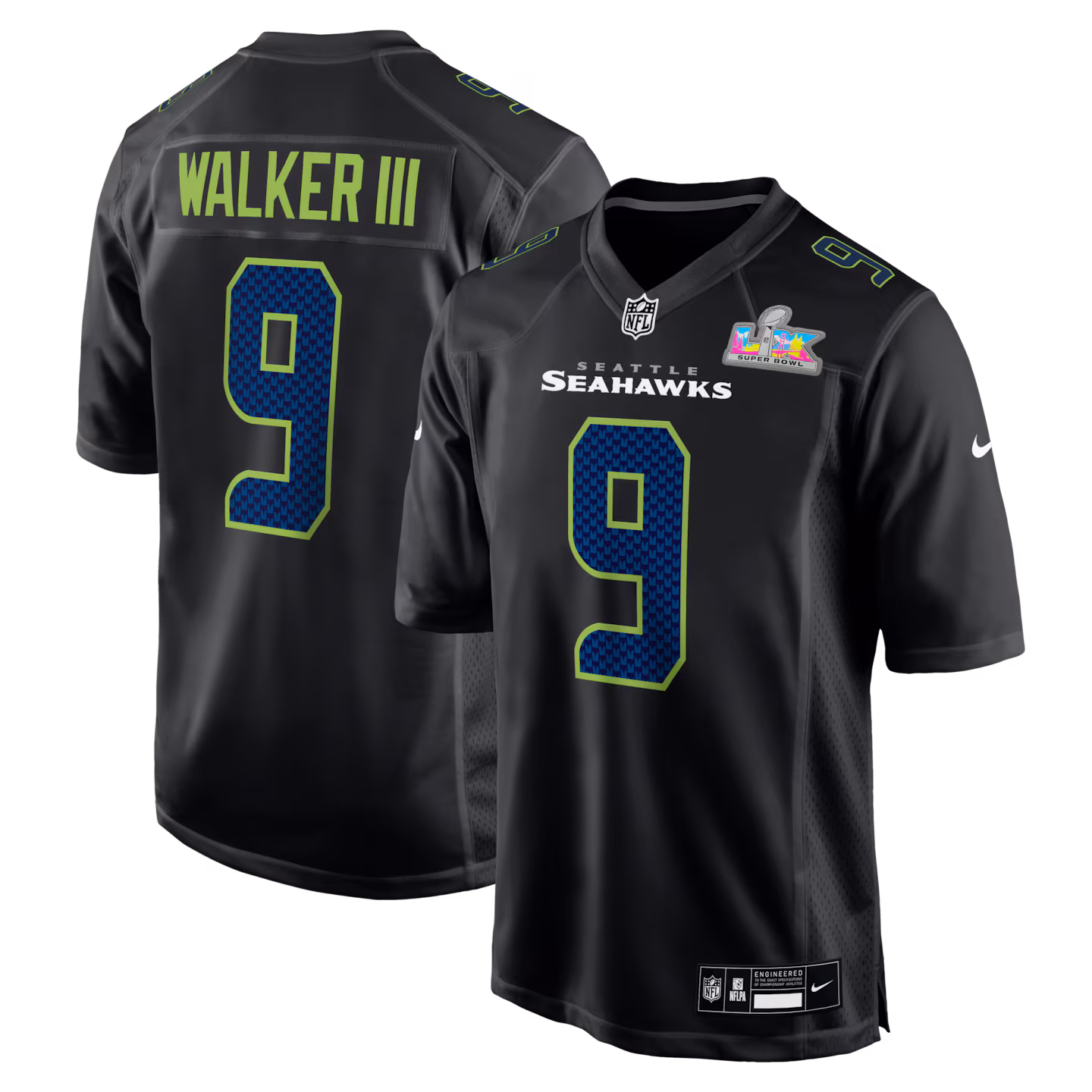 Men's Seattle Seahawks Kenneth Walker III Nike Black Super Bowl LX Patch Carbon Fashion Game Jersey - Jersey