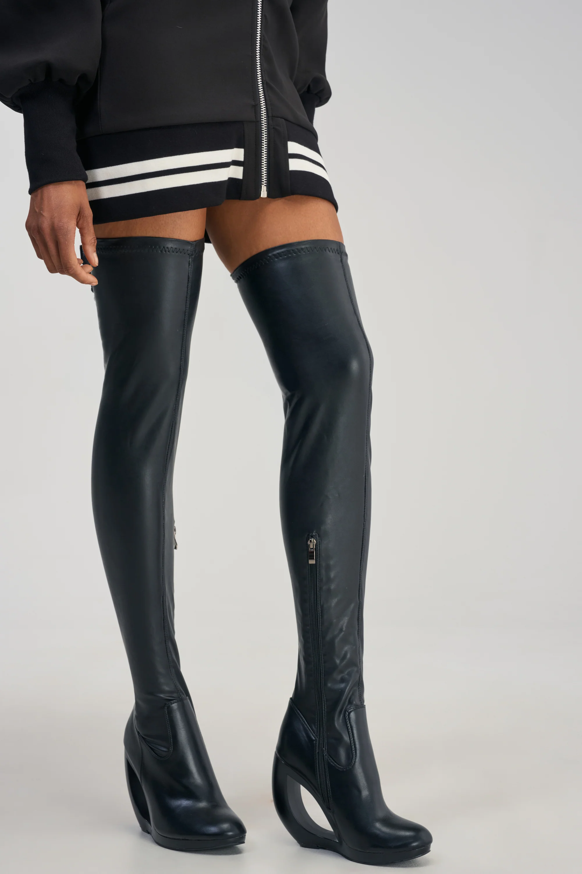 AZALEA WANG CARSON BLACK 4 WAY STRETCH PU OVER THE KNEE OPEN WEDGE BOOT - Akira Wear