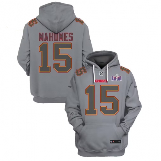 Men's Kansas City Chiefs #15 Patrick Mahomes Gray Super Bowl LVIII Patch Limited Edition Hoodie - Jersey