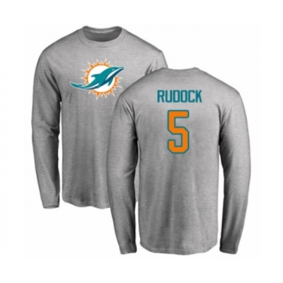 Football Miami Dolphins #5 Jake Rudock Ash Name & Number Logo Long Sleeve T-Shirt - Jersey