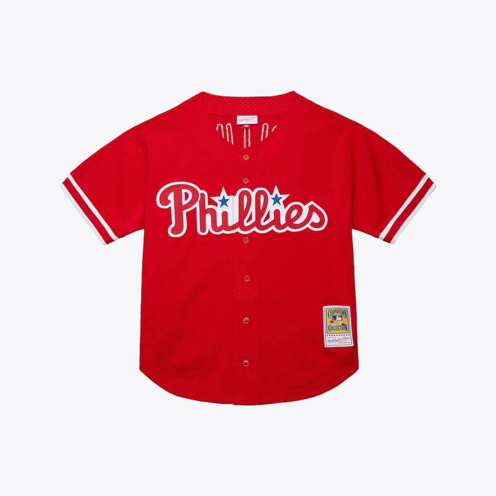 Men's Philadelphia Phillies Jimmy Rollins Mitchell & Ness Red Cooperstown Mesh Batting Practice Button-Up Jersey - Jersey