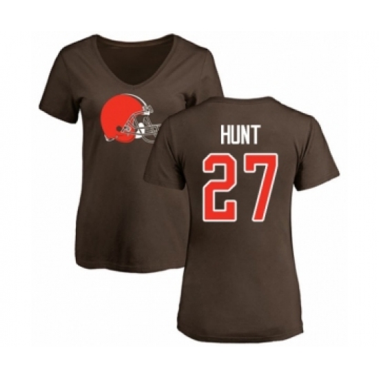 Football Women's Cleveland Browns #27 Kareem Hunt Brown Name & Number Logo T-Shirt - Jersey