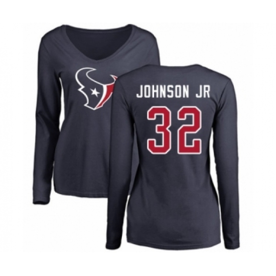 Football Women's Houston Texans #32 Lonnie Johnson Navy Blue Name & Number Logo Long Sleeve T-Shirt - Jersey