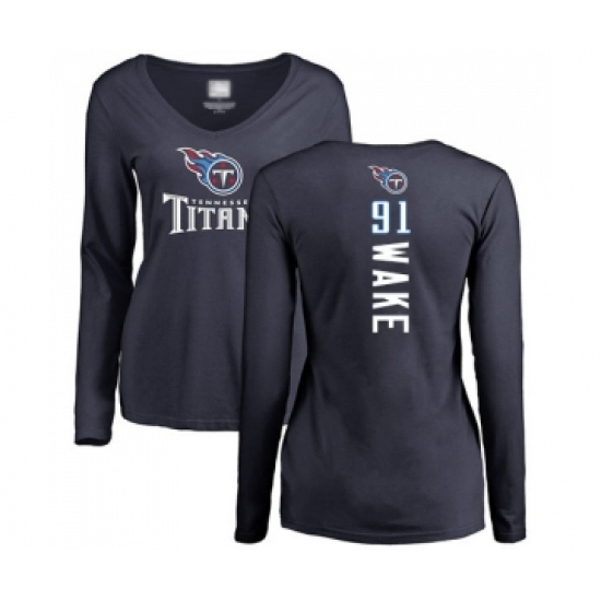 Football Women's Tennessee Titans #91 Cameron Wake Navy Blue Backer Long Sleeve T-Shirt - Jersey