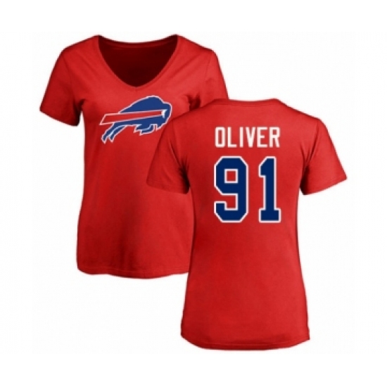 Football Women's Buffalo Bills #91 Ed Oliver Red Name & Number Logo T-Shirt - Jersey